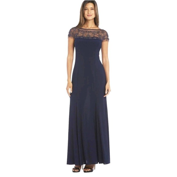 R&M RICHARDS Long Dress with Sheer Beaded Neck and Shoulder Size 10 Navy Blue - Picture 1 of 16